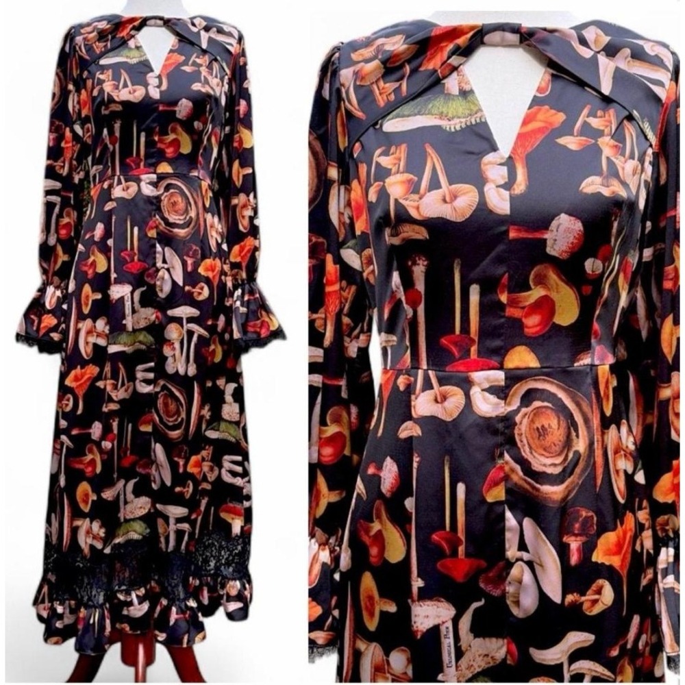 Unlogical Poem Mushroom Print Lace Trim Midi Dress Black Long Sleeve Cutout S
